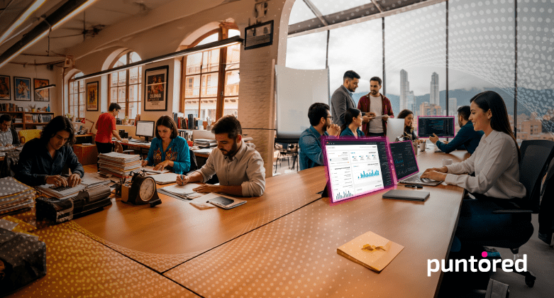 Equipo de trabajo analizando datos y pagos digitales en el sector entretenimiento.